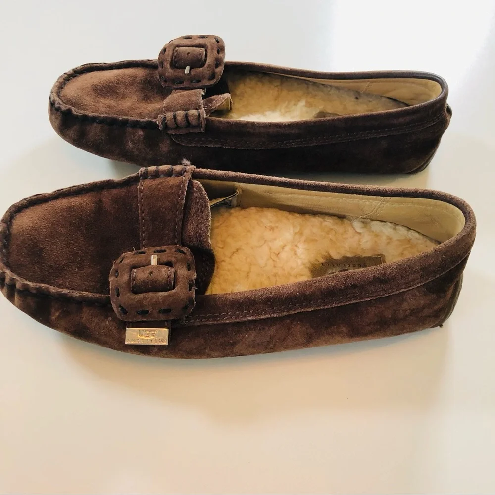 UGG Thelma Brown Suede Shearling Lined Driving Loafers Size 6 EU 37